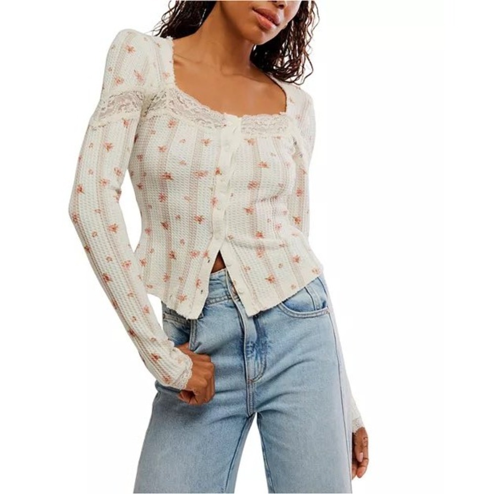 Free People Lets Party Floral Lace Trim Cotton Waffle Knit Cardi Top Cream XS